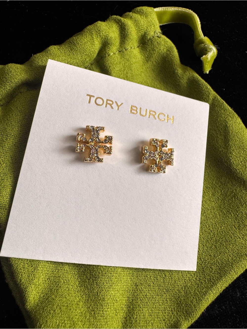 Tory Burch Gold Crystal Logo Stud Earrings in Gold